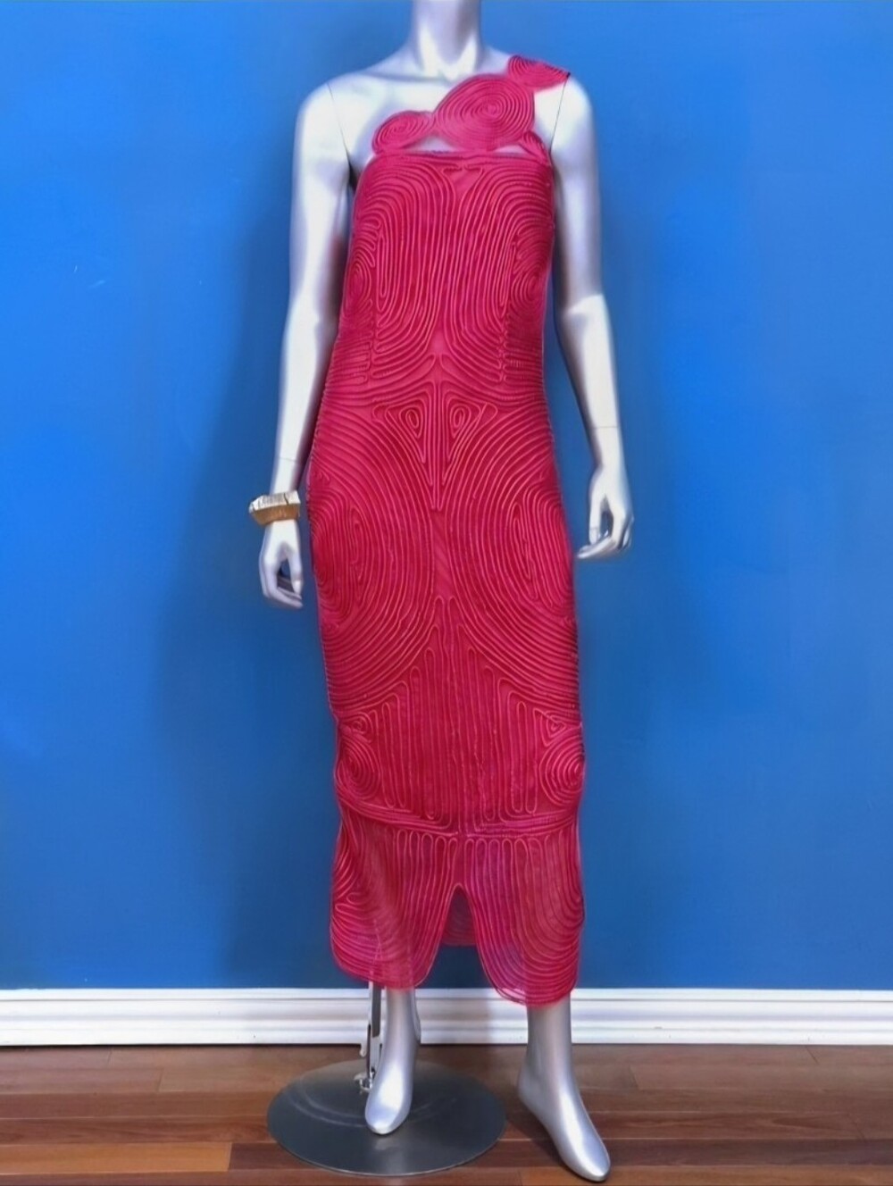 🆕️🔴ARRANGE Embroidered Satin One Shoulder Maxi Dress w/ Cutwork Design / (NWT) - Picture 6 of 13